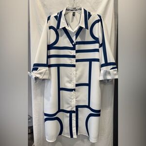 STYLEWE Blue and White Geometric Button-Up Shirt Dress